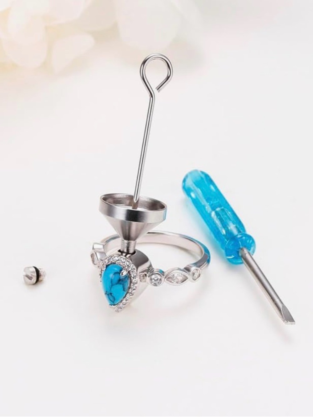 S925 Sterling Teardrop Urn Ring with Turquoise blue Stone & Filling Supplies NWT